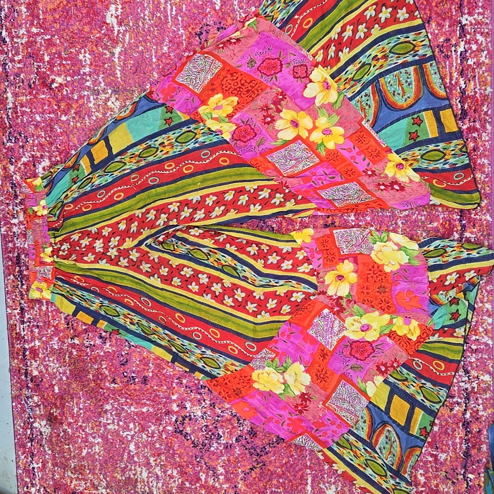 Urban Renewal Patchwork Wide Bell Bottoms Flare Pants Flowy Hippie Boho Festival - Picture 5 of 12